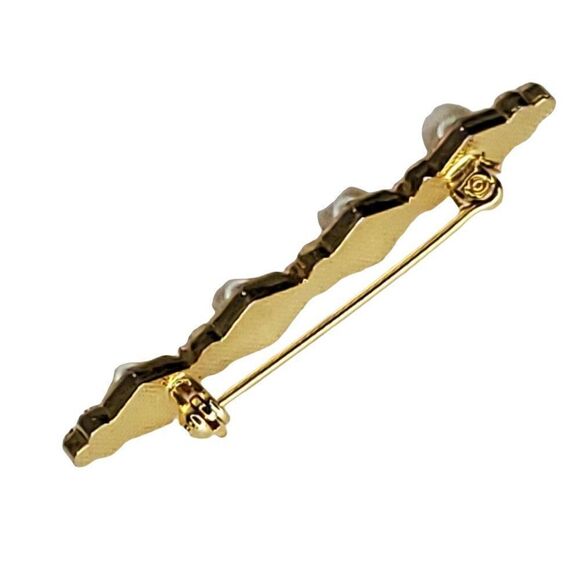 Vintage Art Deco Goldtone Faux Pearl Clear Rhinestone Brooch 2" X 1/2" - Picture 3 of 4